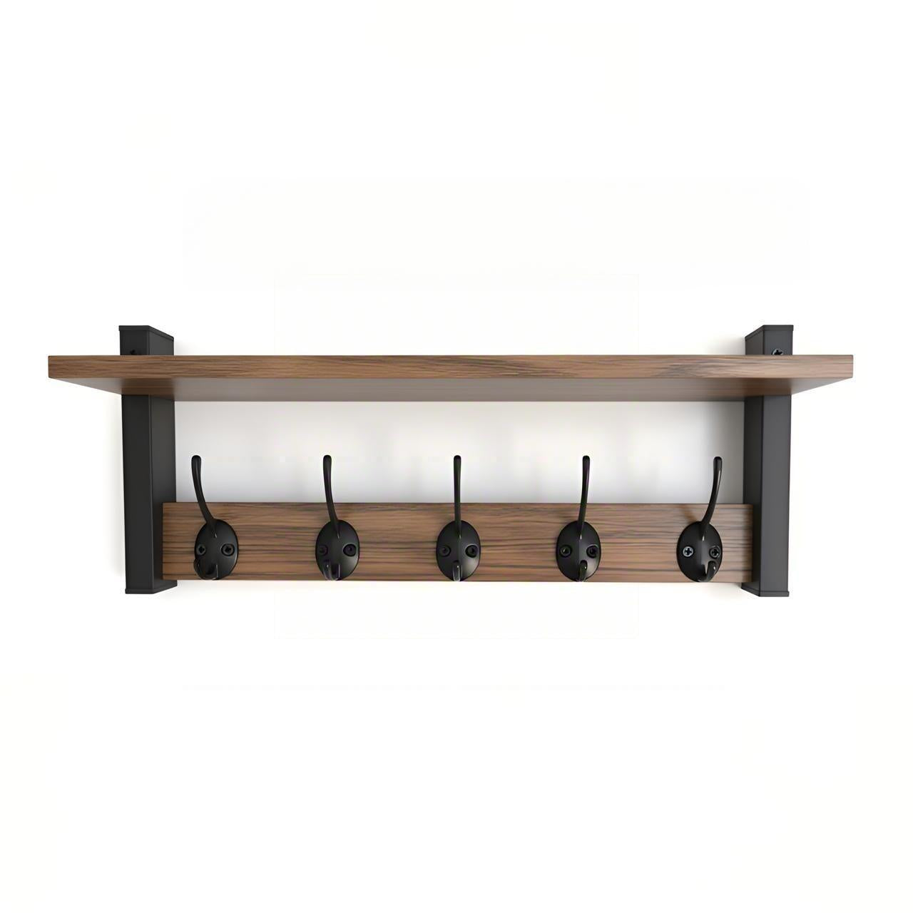 Wall Mounted Entryway Shelf with 5 Hooks, Rustic Wood & Metal Coat Rack for Hallway, Garage, or Mudroom Storage
