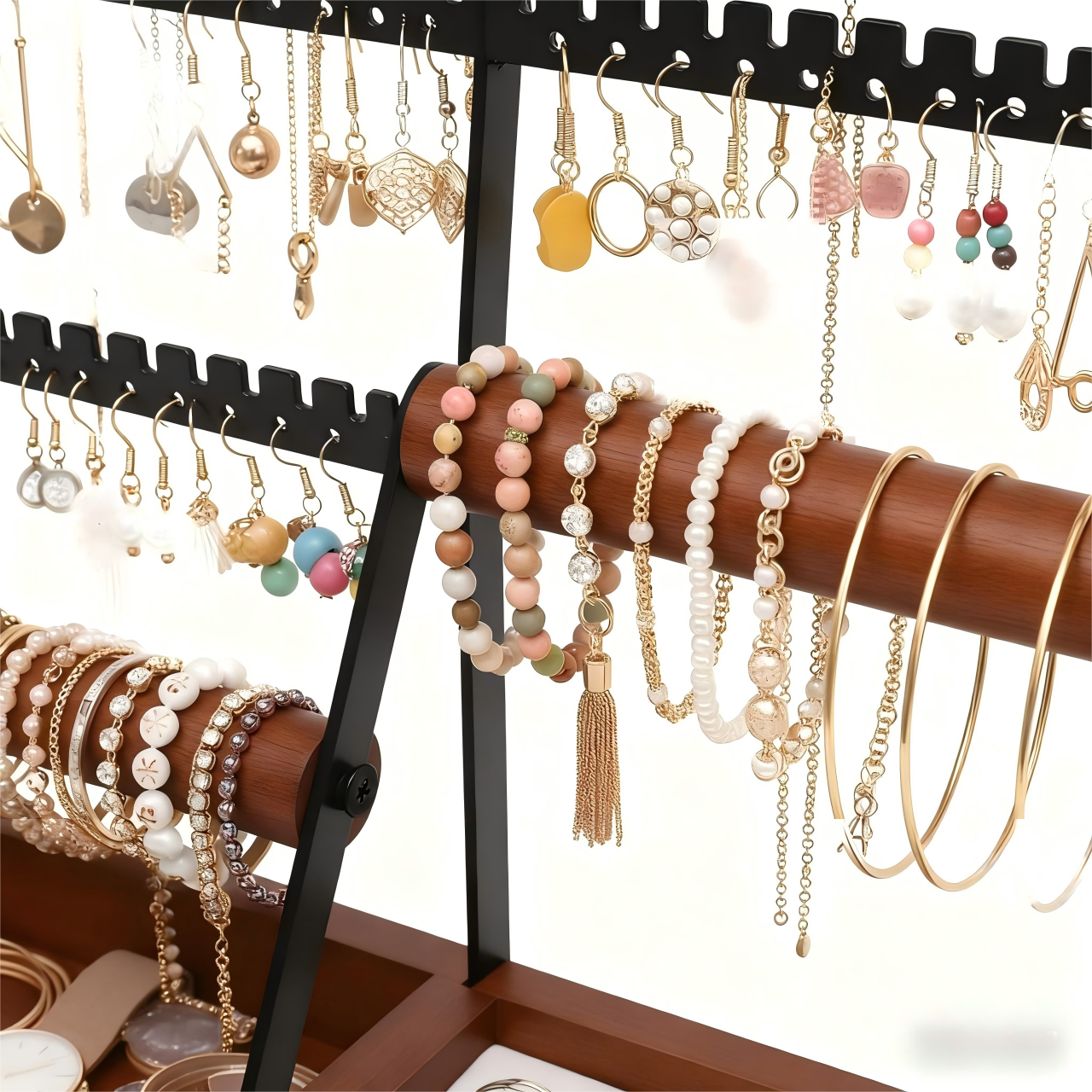 Wood & Metal Jewelry Organizer Stand with Hooks, Earring Holes, and Storage Slots for Necklaces, Bracelets, and Rings