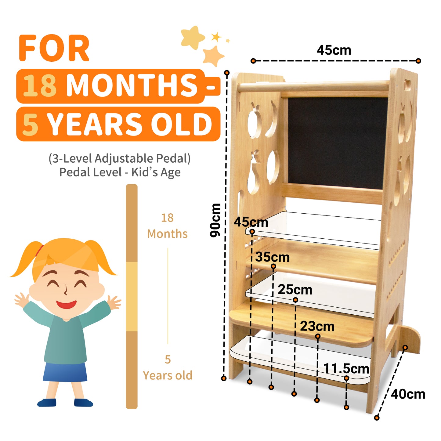 Chiesma Wooden Kids Step Stool with 3-level adjustable pedal, suitable for children aged 18 months to 5 years old, promoting safe and independent use as they grow.