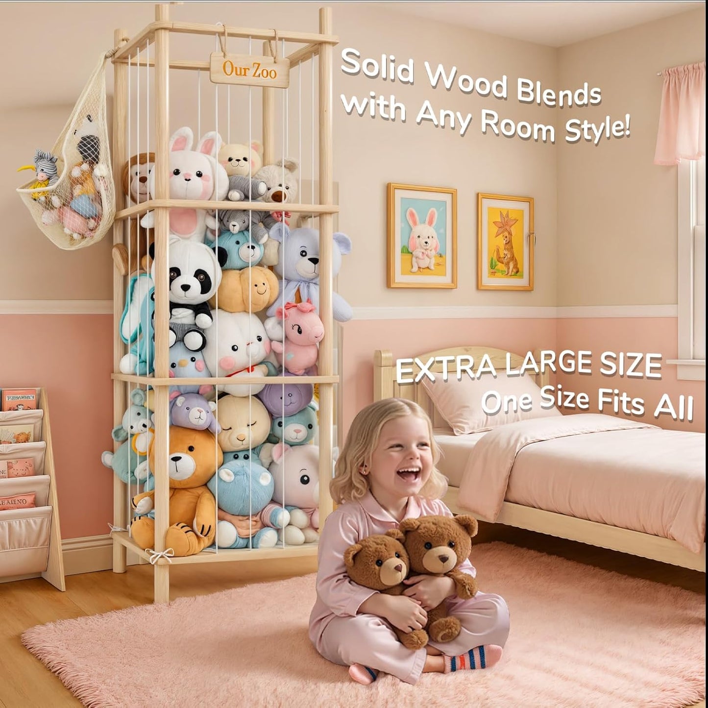 CHIESMA | Stuffed Animal Storage or Organizer, Wooden Zoo Cage Toy Holder
