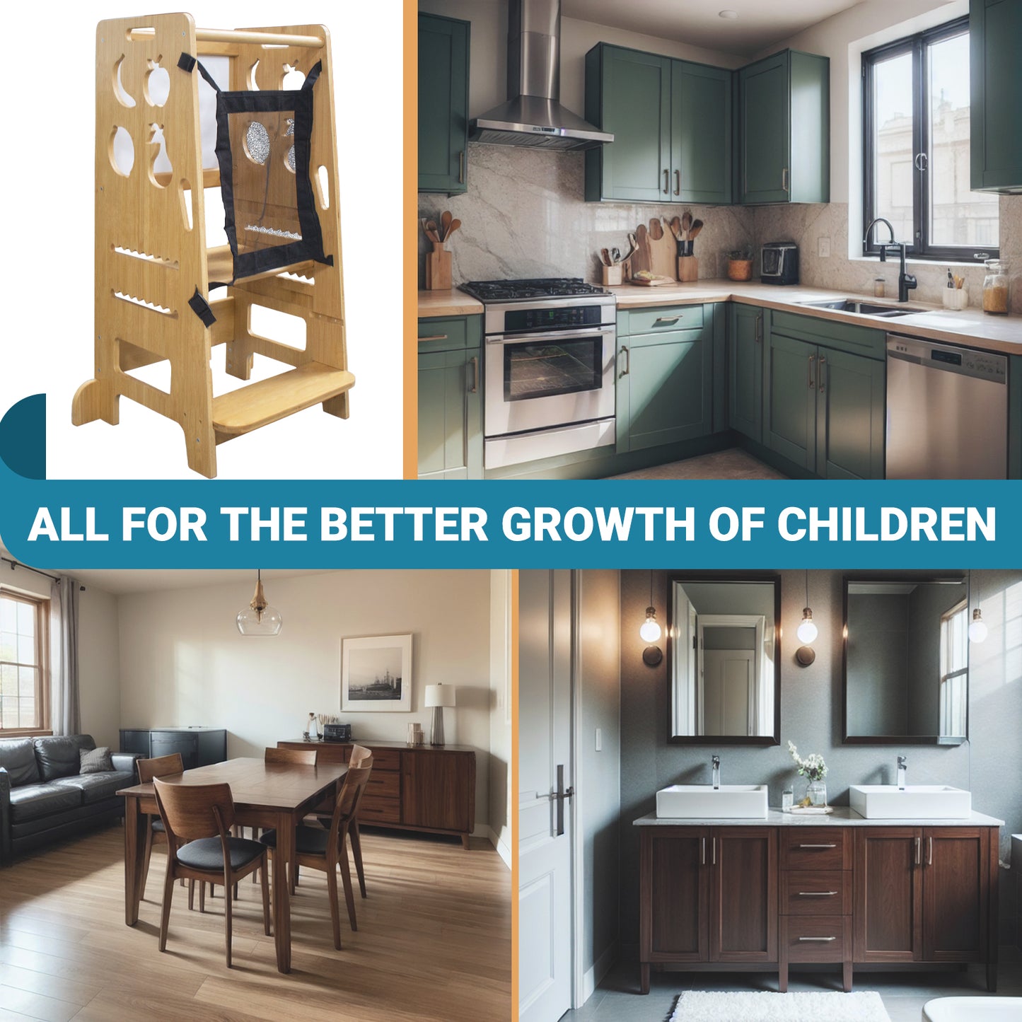 Chiesma Wooden Kids Step Stool displayed in kitchen, bathroom, and living room settings, emphasizing its versatility and design for the better growth and independence of children.