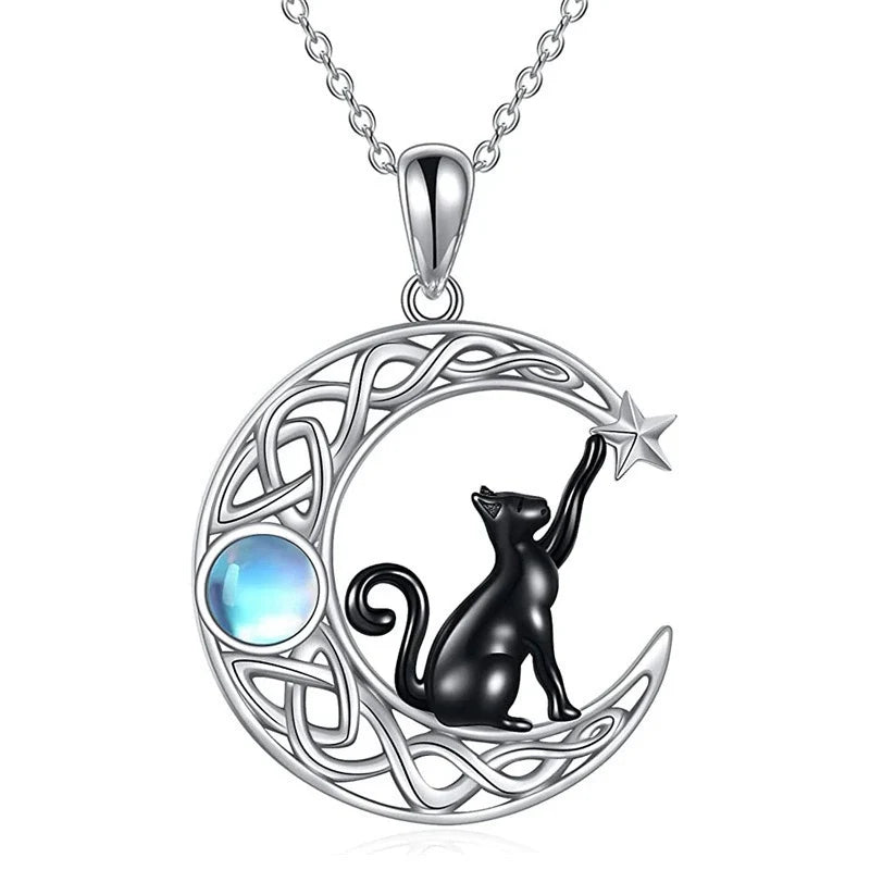 Moonstone Starry Black Cat Necklace