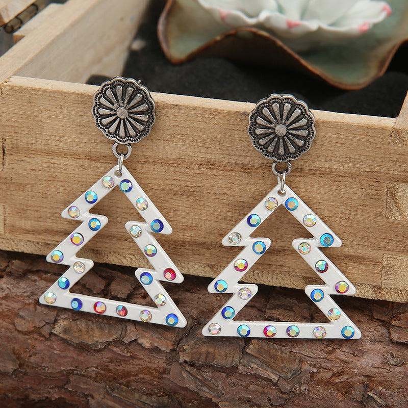 Colorful Diamond Hollowed-out White Christmas Tree Earrings