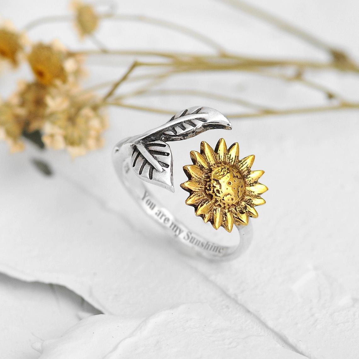 "you is my sunshine" Engraved Sunflower Ring