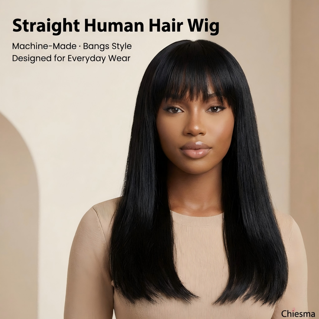 Chiesma Straight Human Hair Wig with Bangs – Machine Made, No Lace