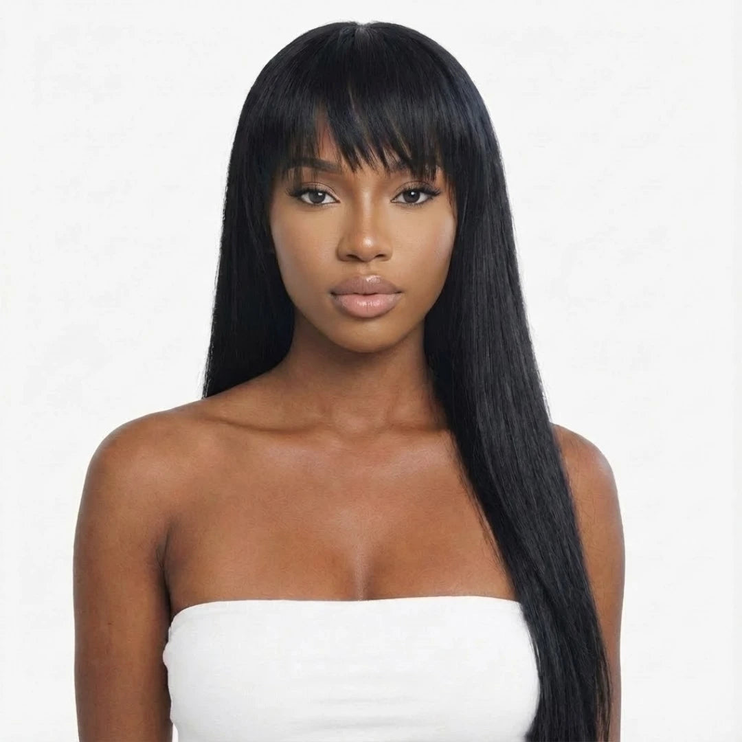 Glueless straight human hair wig with bangs no lace black