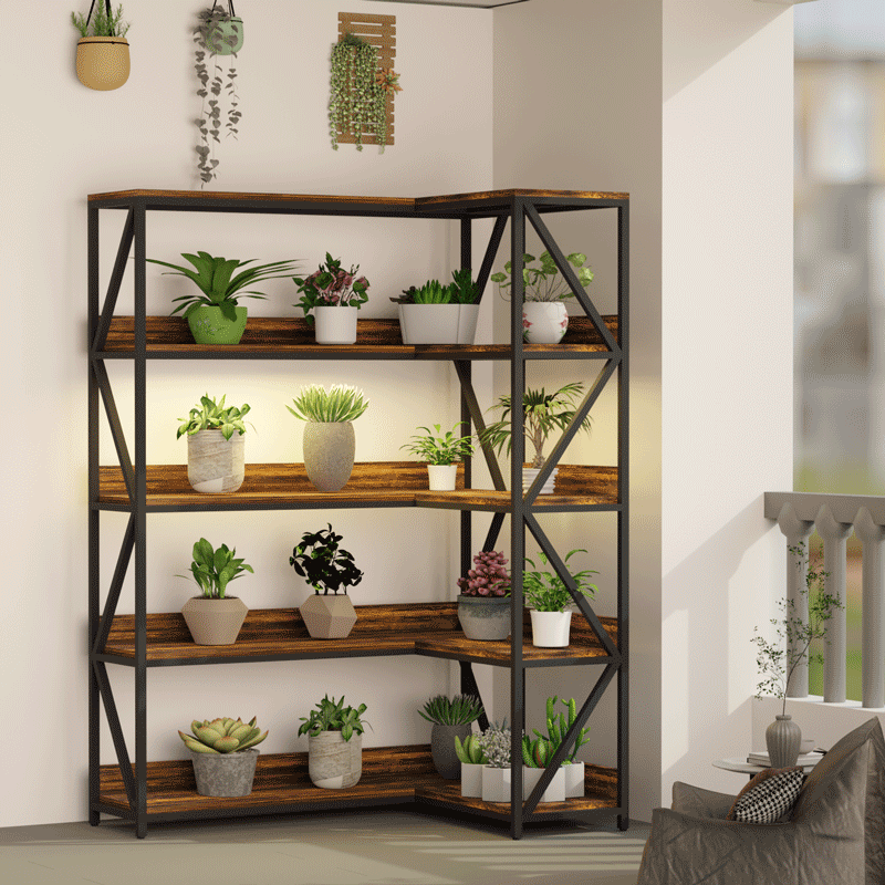 CHIESMA Corner Bookshelf with Grow Lights, 5 Tier Bookshelf with Plant Grow Lights, Convertible Corner Bookshelf with Baffles, 70" Tall Bookcase, Industrial Bookshelf, Wood Shelves with Metal Frame for Living Room Bedroom Home Office