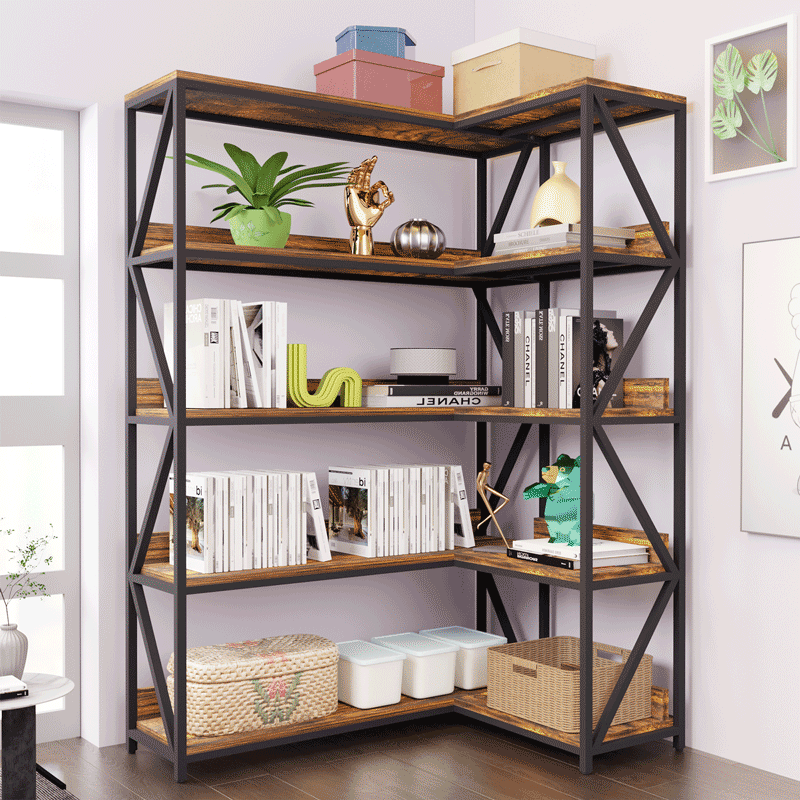 CHIESMA Corner Bookshelf with Grow Lights, 5 Tier Bookshelf with Plant Grow Lights, Convertible Corner Bookshelf with Baffles, 70" Tall Bookcase, Industrial Bookshelf, Wood Shelves with Metal Frame for Living Room Bedroom Home Office