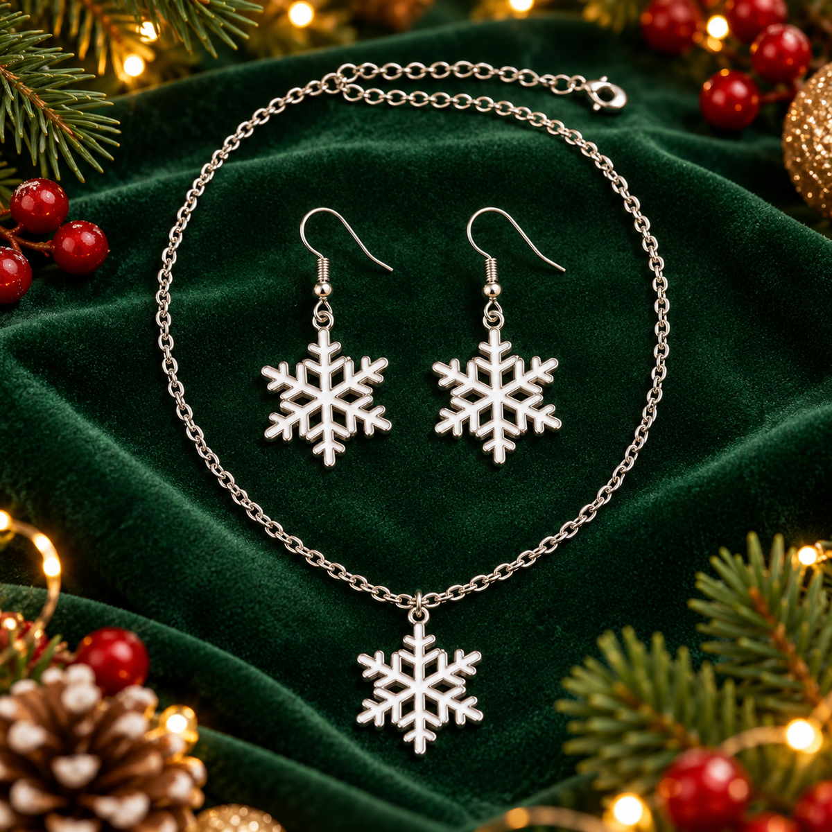 Christmas Snowflake Earrings and Necklace Sset
