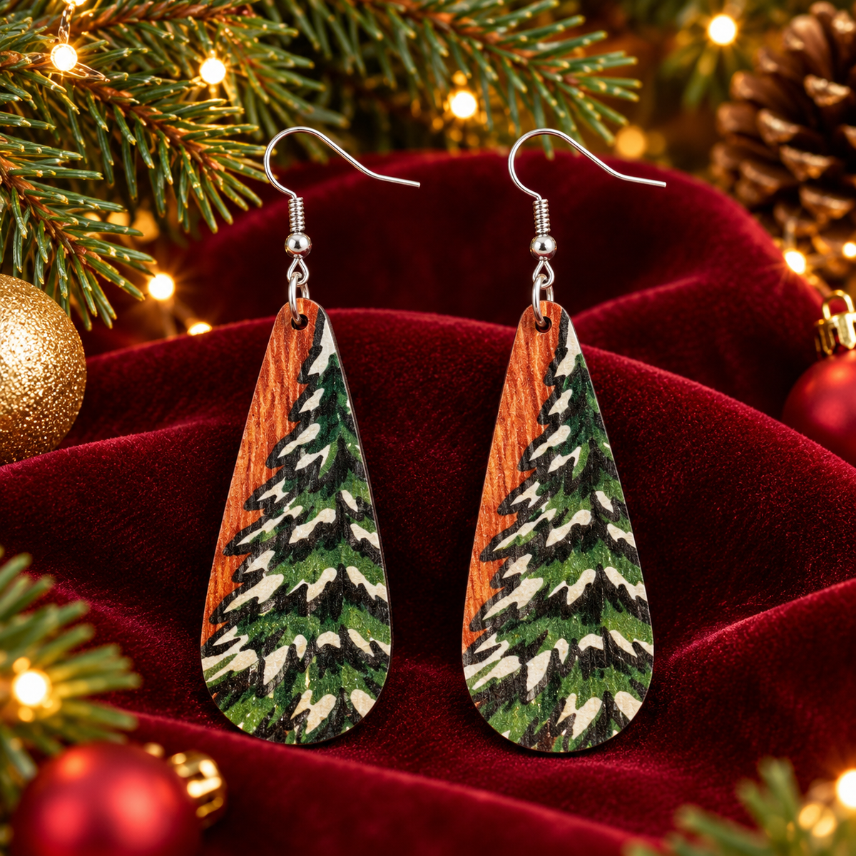 Christmas Tree Creative Wooden Long Earrings