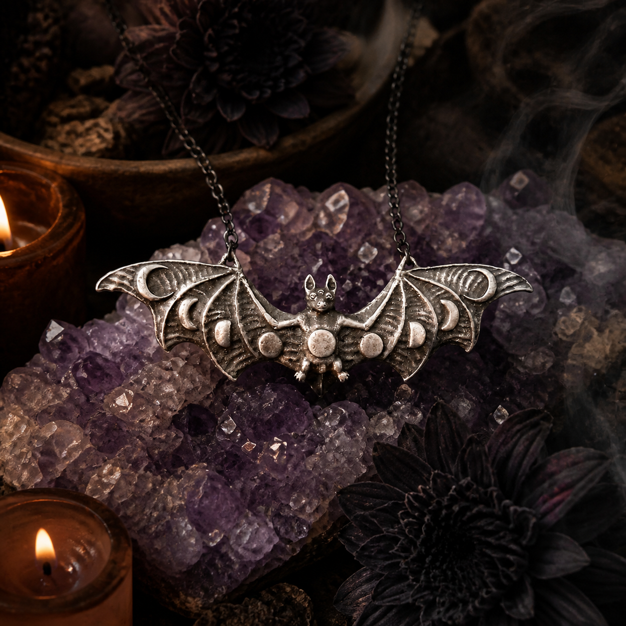 Retro Moon Phase Bat Pendant