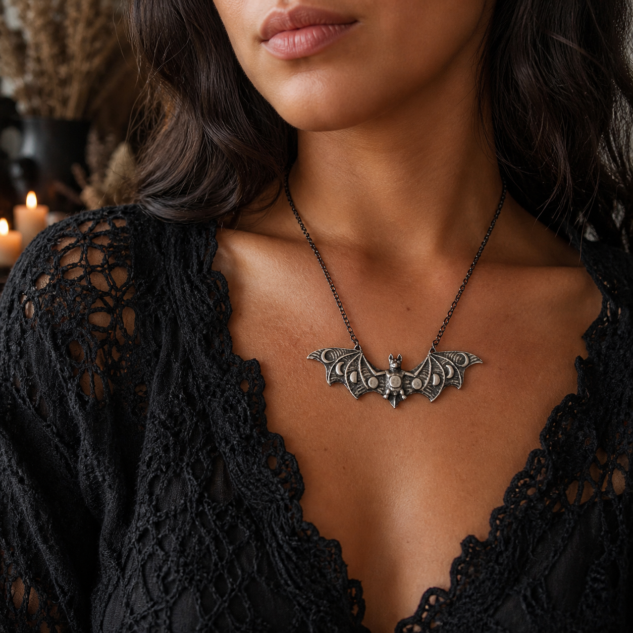 Retro Moon Phase Bat Pendant