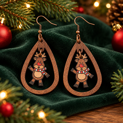 Cartoon Red-Nosed Little Deer Wooden Earrings