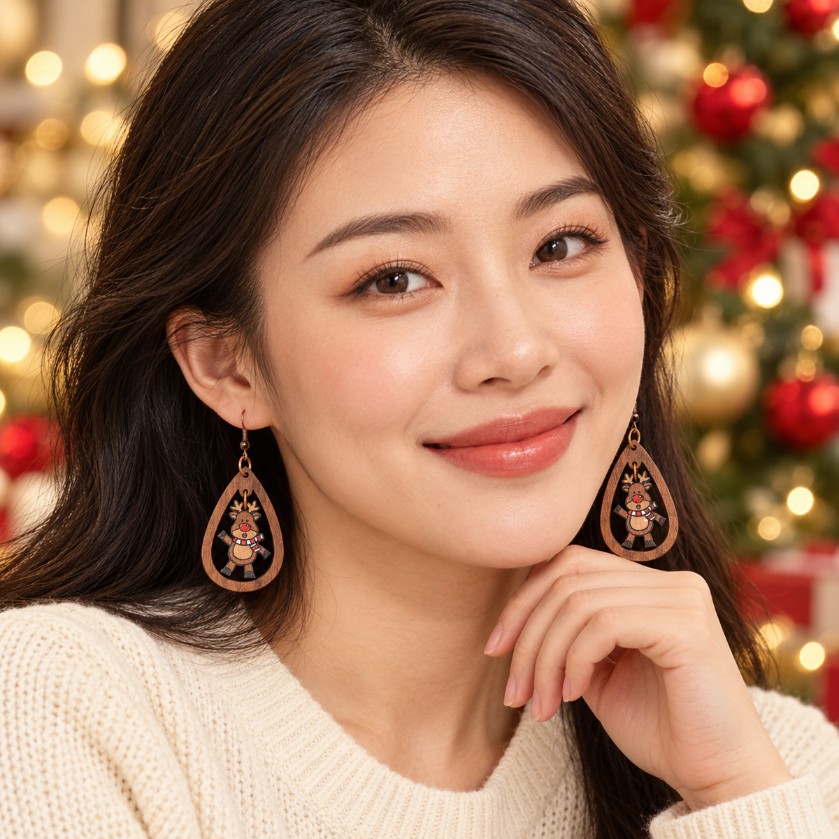 Cartoon Red-Nosed Little Deer Wooden Earrings