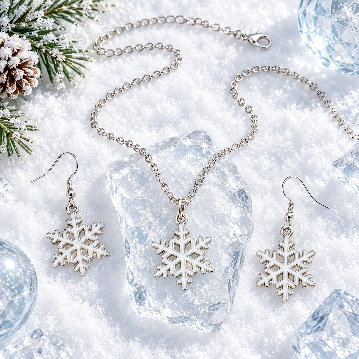 Christmas Snowflake Earrings and Necklace Sset