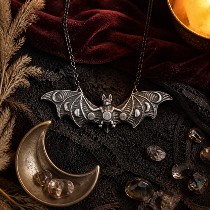 Retro Moon Phase Bat Pendant