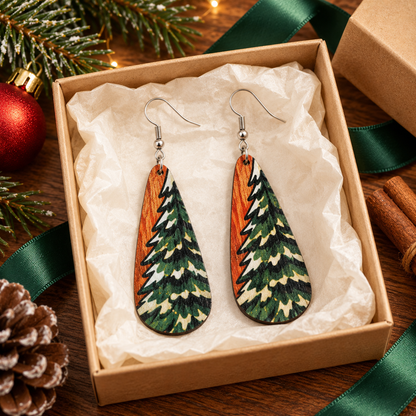 Christmas Tree Creative Wooden Long Earrings