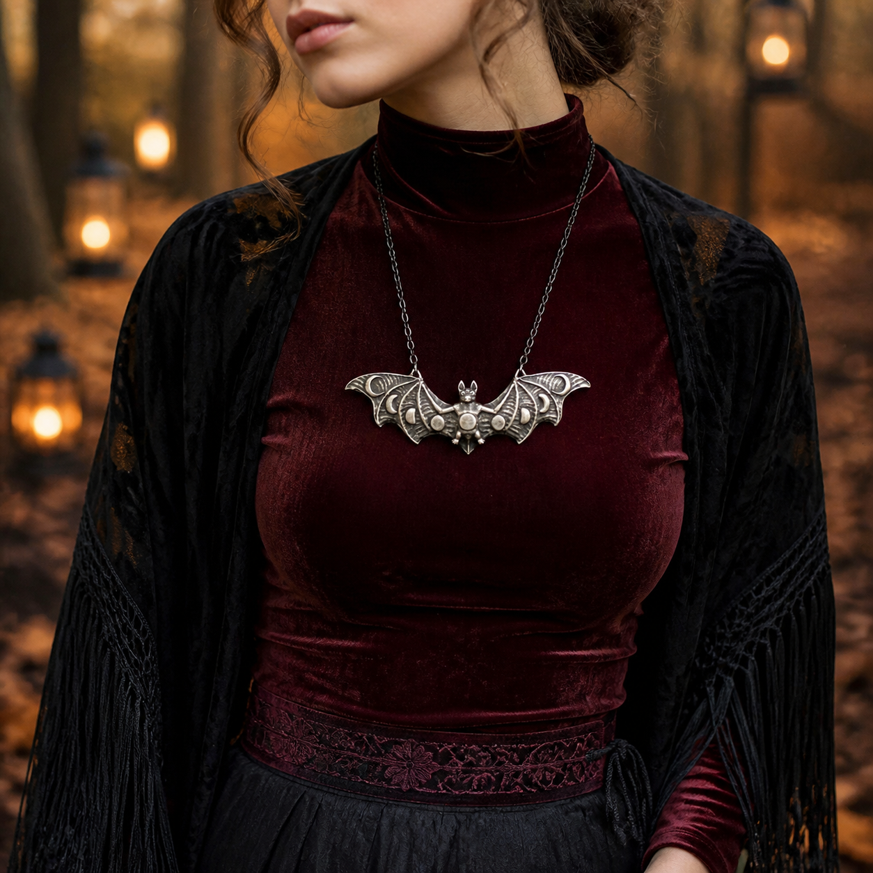 Retro Moon Phase Bat Pendant