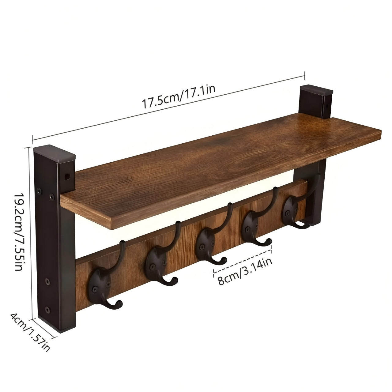 Wall Mounted Entryway Shelf with 5 Hooks, Rustic Wood & Metal Coat Rack for Hallway, Garage, or Mudroom Storage
