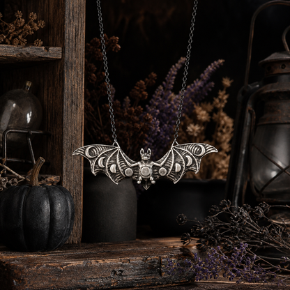 Retro Moon Phase Bat Pendant