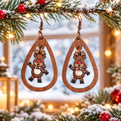 Cartoon Red-Nosed Little Deer Wooden Earrings