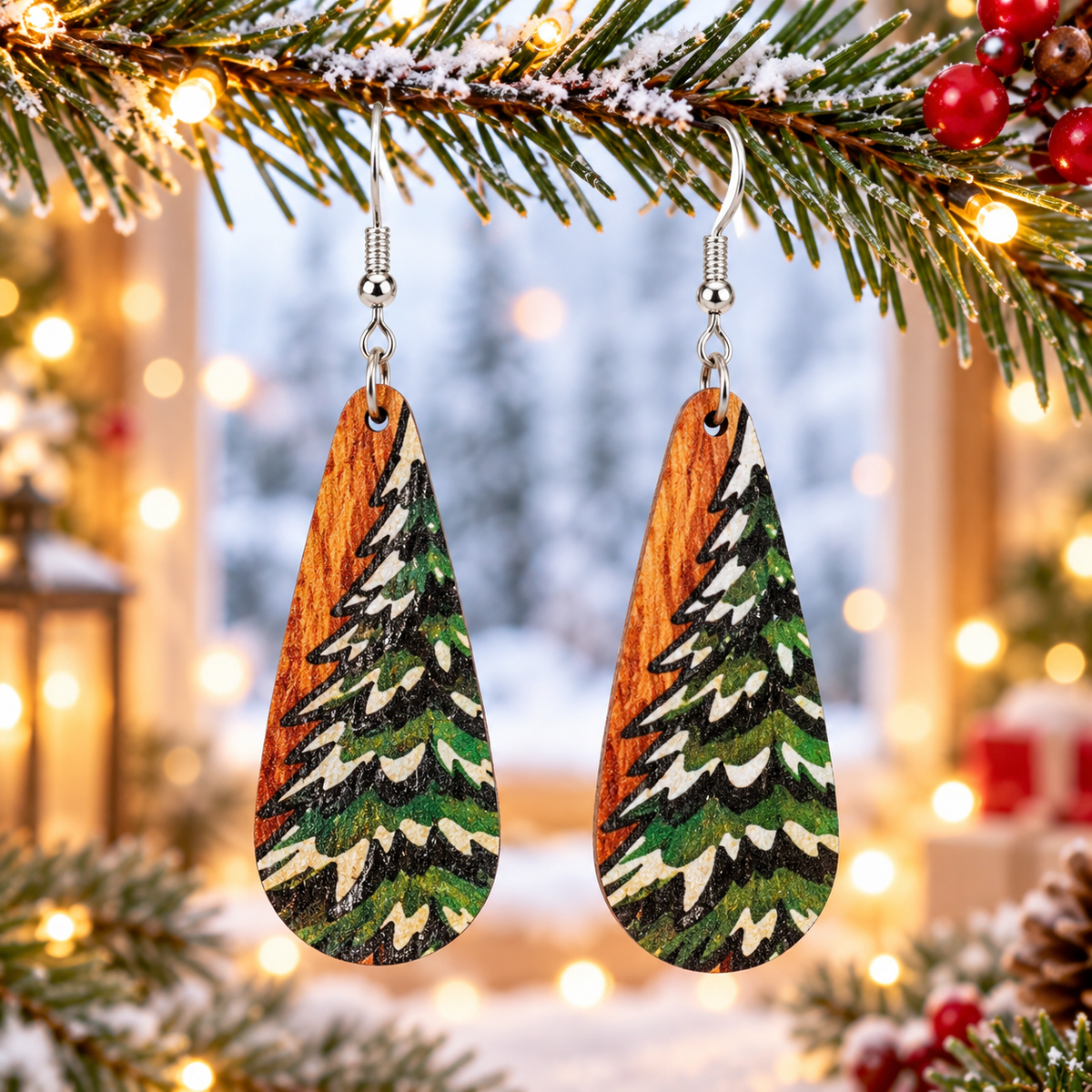 Christmas Tree Creative Wooden Long Earrings