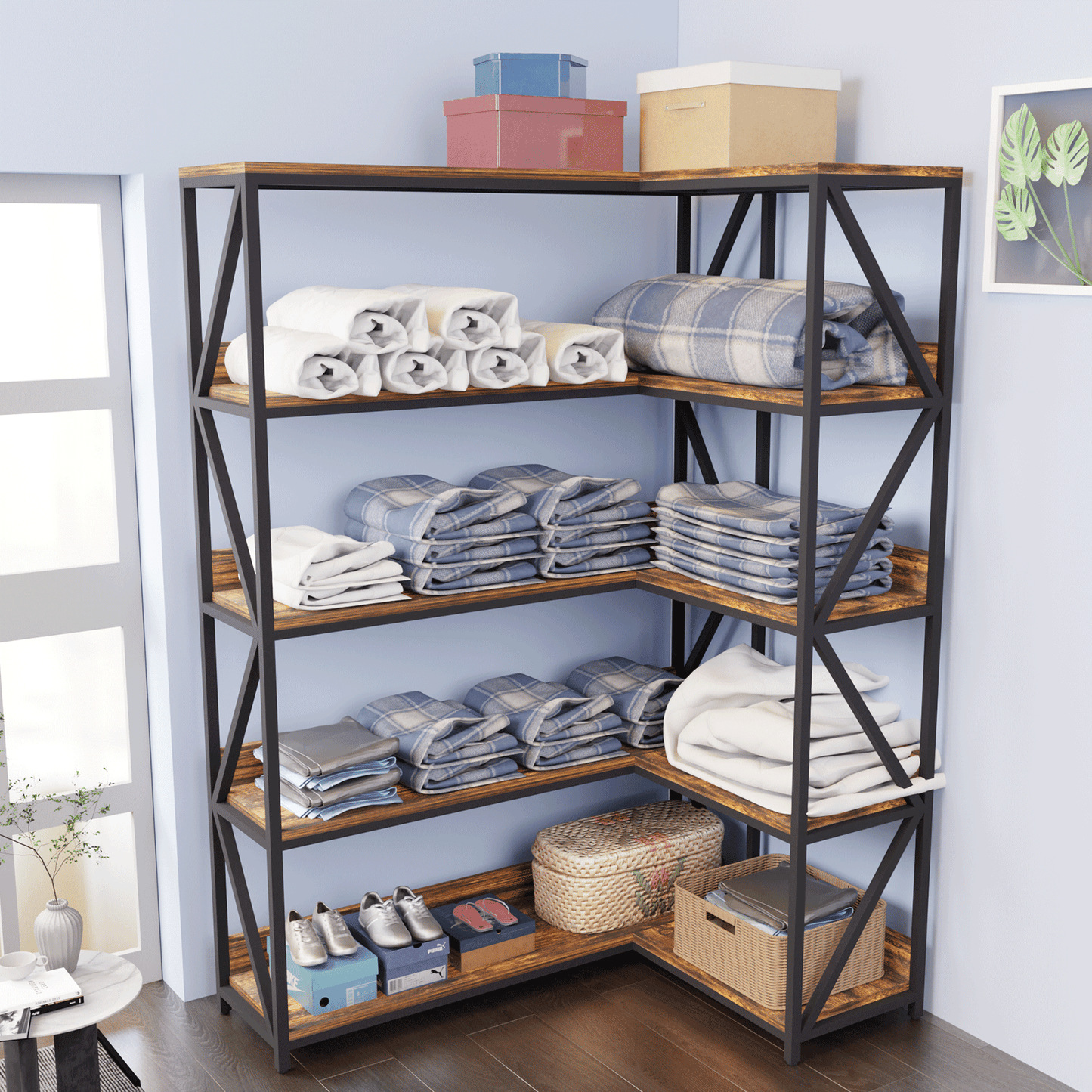 corner bookshelf in bathroom