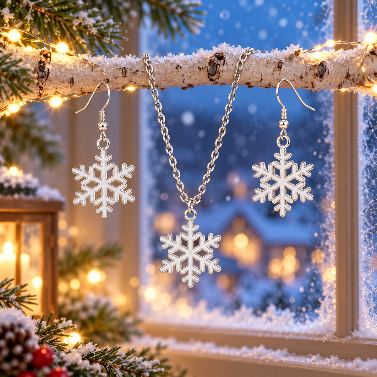 Christmas Snowflake Earrings and Necklace Sset