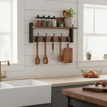 Wall Mounted Entryway Shelf with 5 Hooks, Rustic Wood & Metal Coat Rack for Hallway, Garage, or Mudroom Storage