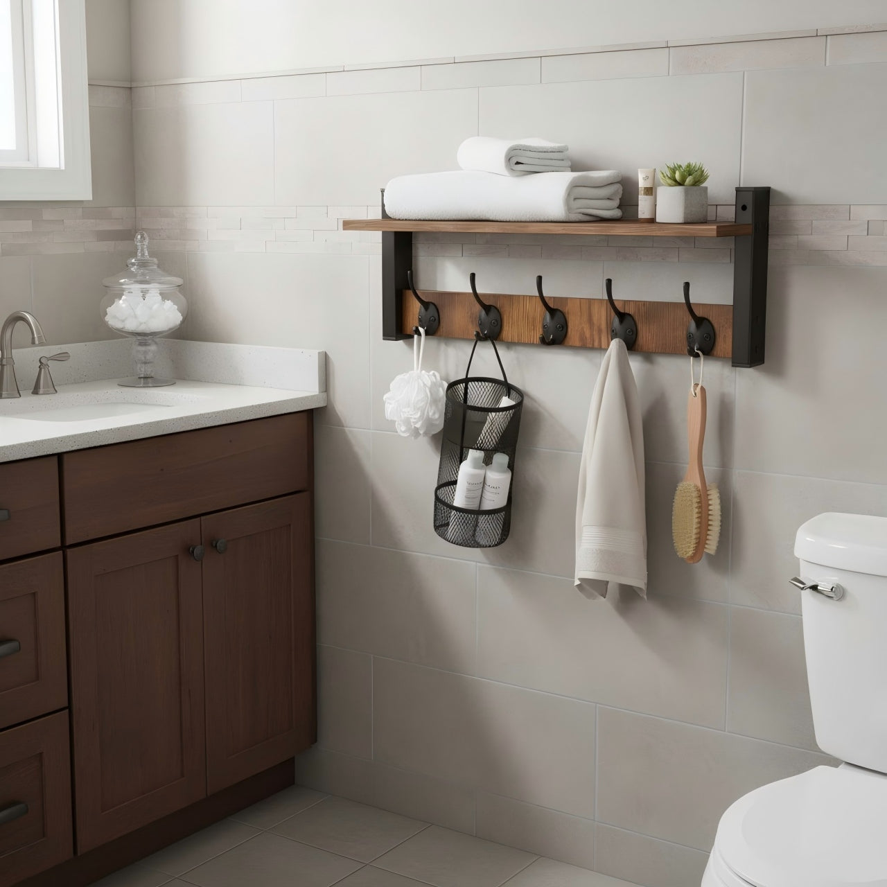 Wall Mounted Entryway Shelf with 5 Hooks, Rustic Wood & Metal Coat Rack for Hallway, Garage, or Mudroom Storage