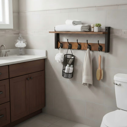 Wall Mounted Entryway Shelf with 5 Hooks, Rustic Wood & Metal Coat Rack for Hallway, Garage, or Mudroom Storage