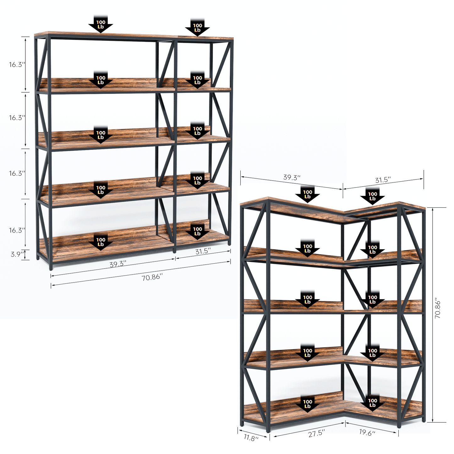 corner bookshelf size