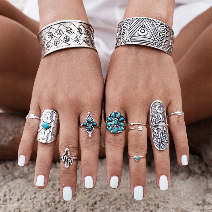 Engraved Totem Ring Set of Nine Pieces
