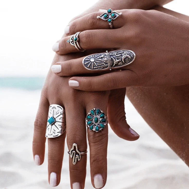 Engraved Totem Ring Set of Nine Pieces