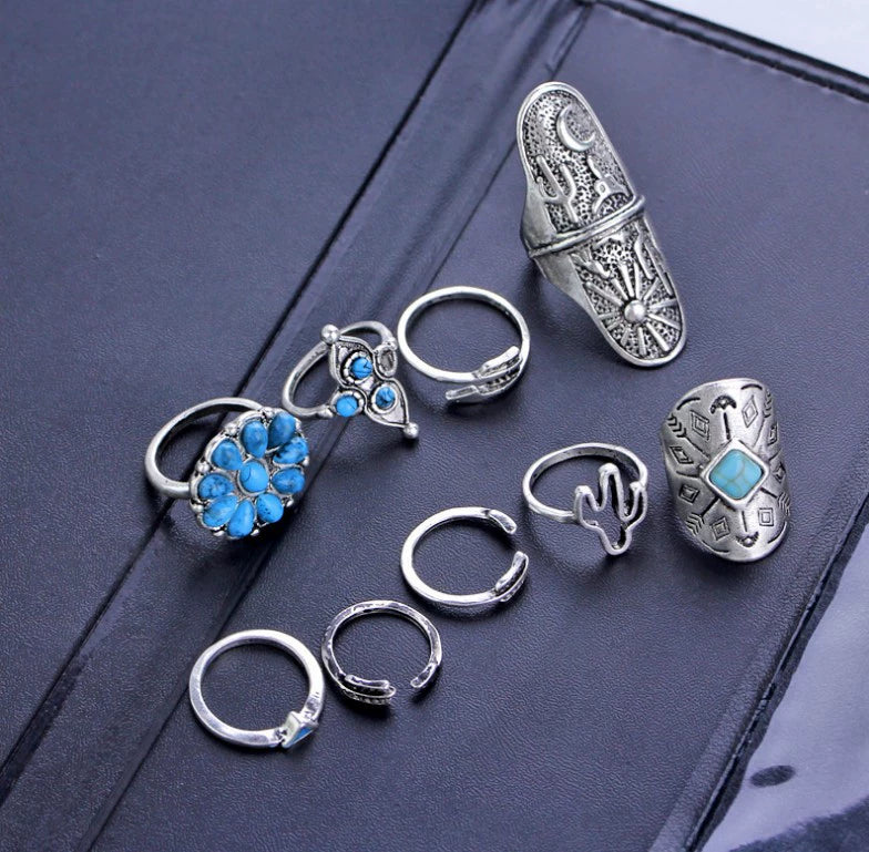 Engraved Totem Ring Set of Nine Pieces