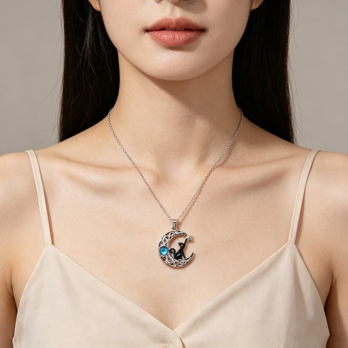 Moonstone Starry Black Cat Necklace