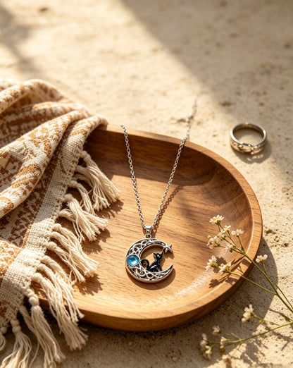 Moonstone Starry Black Cat Necklace