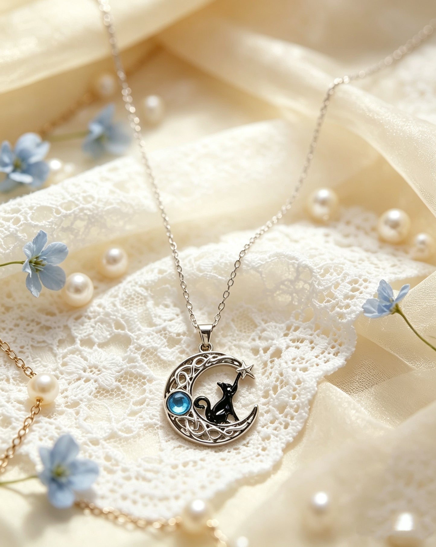 Moonstone Starry Black Cat Necklace