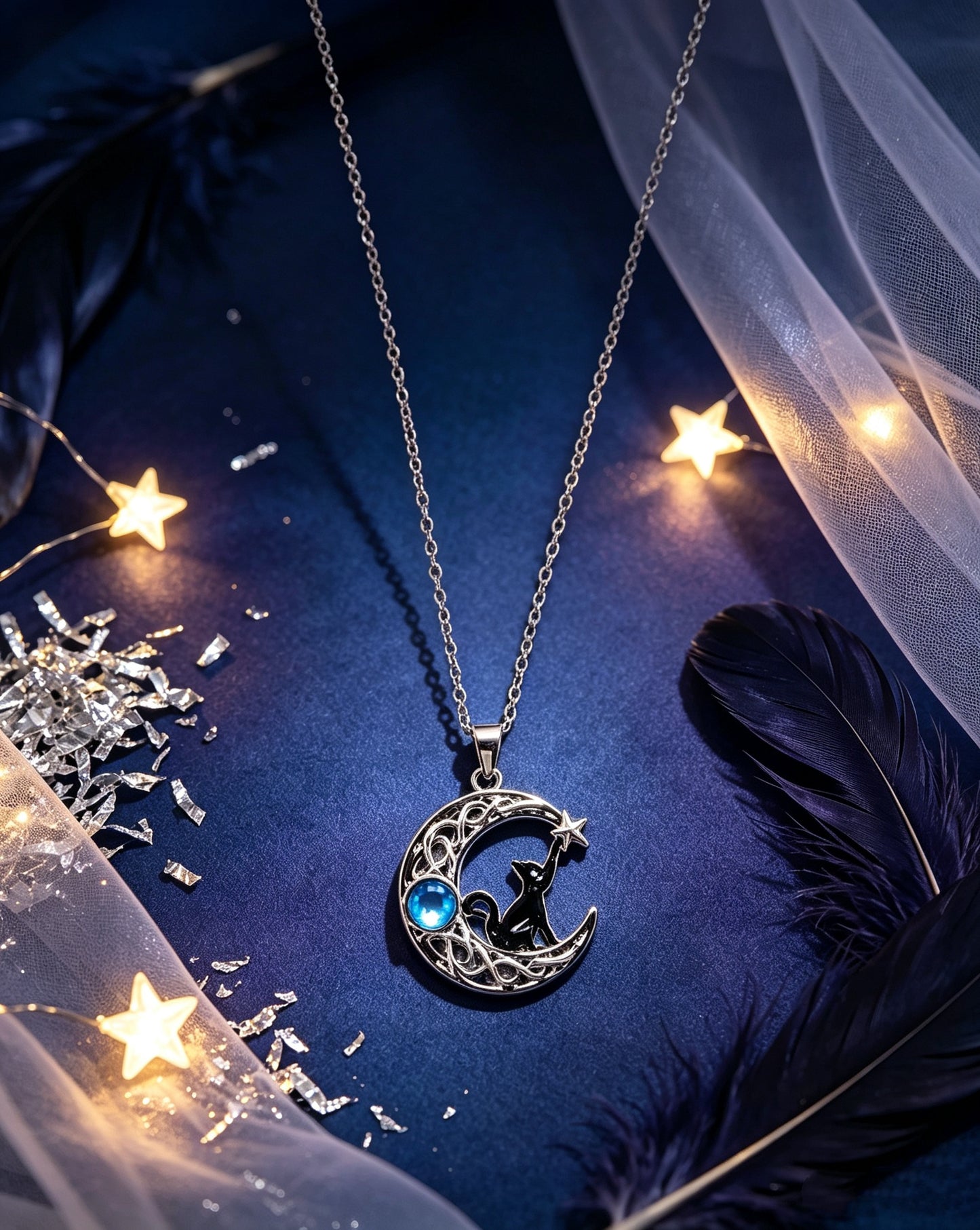 Moonstone Starry Black Cat Necklace