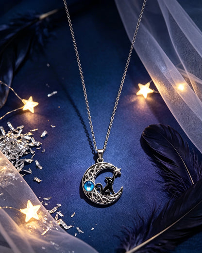 Moonstone Starry Black Cat Necklace