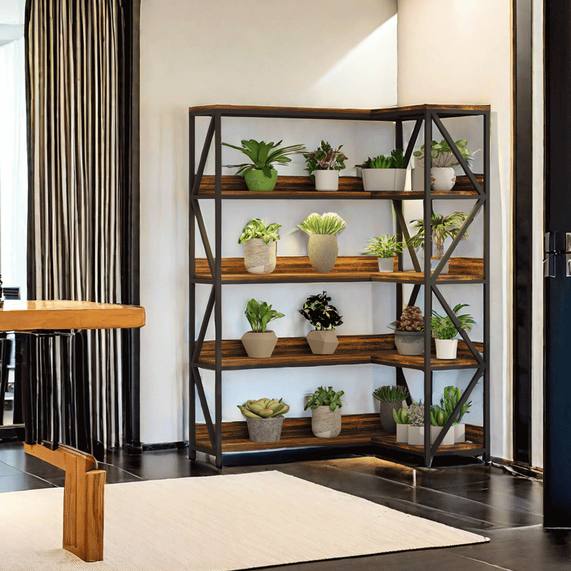 CHIESMA Corner Bookshelf with Grow Lights, 5 Tier Bookshelf with Plant Grow Lights, Convertible Corner Bookshelf with Baffles, 70" Tall Bookcase, Industrial Bookshelf, Wood Shelves with Metal Frame for Living Room Bedroom Home Office