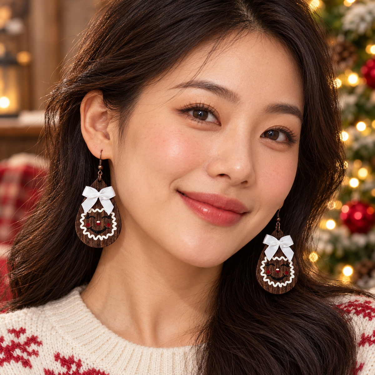 Gingerbread Man Bow-shaped Wooden Earrings