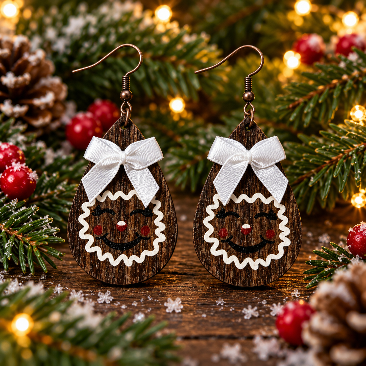 Gingerbread Man Bow-shaped Wooden Earrings