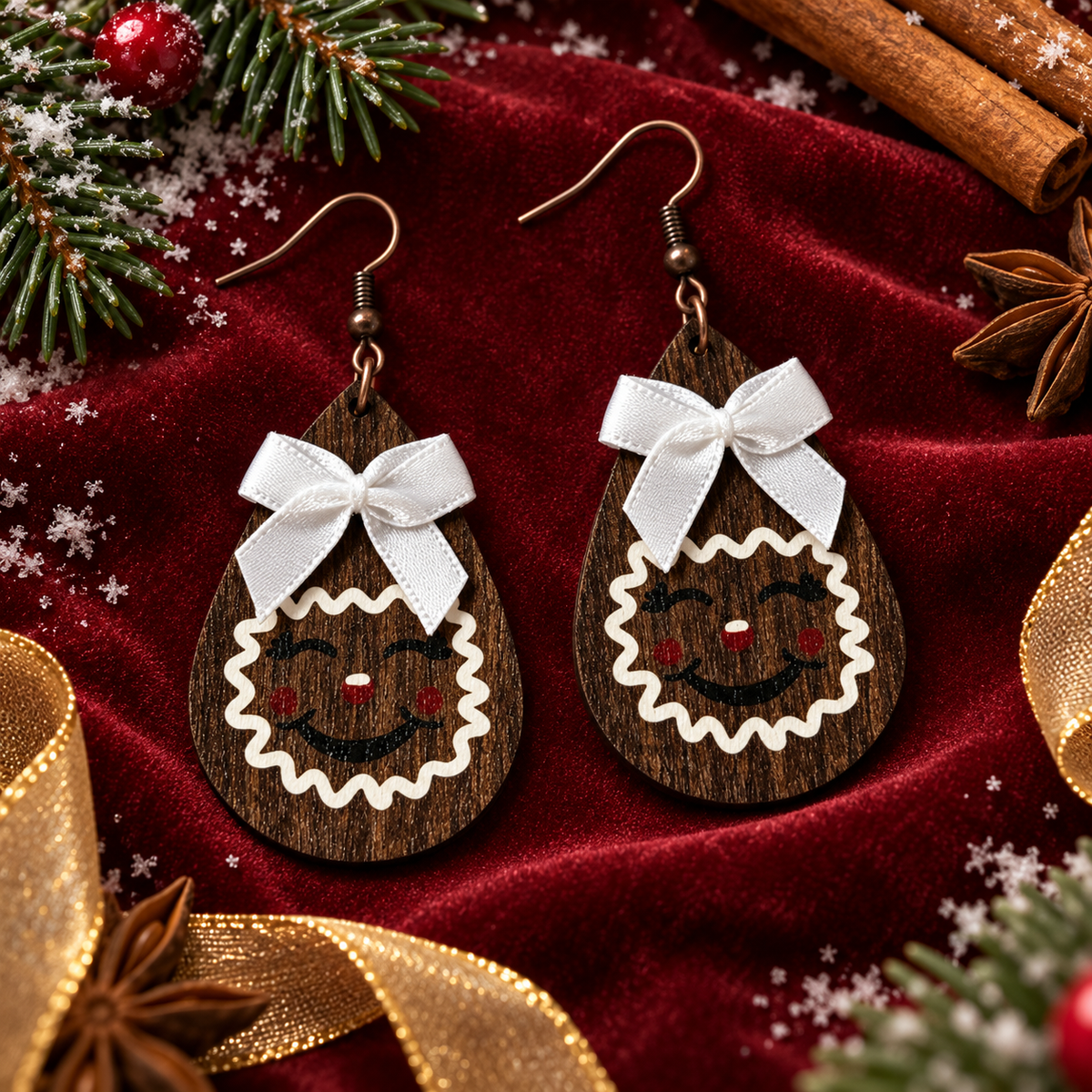 Gingerbread Man Bow-shaped Wooden Earrings