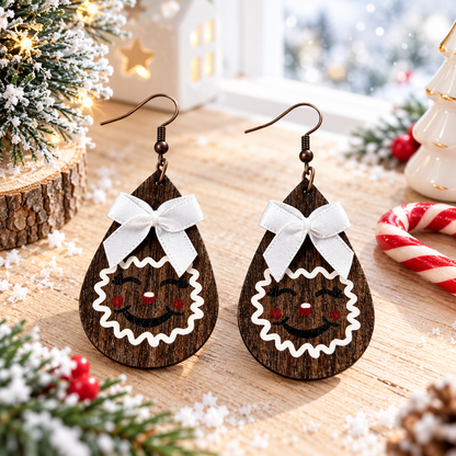Gingerbread Man Bow-shaped Wooden Earrings