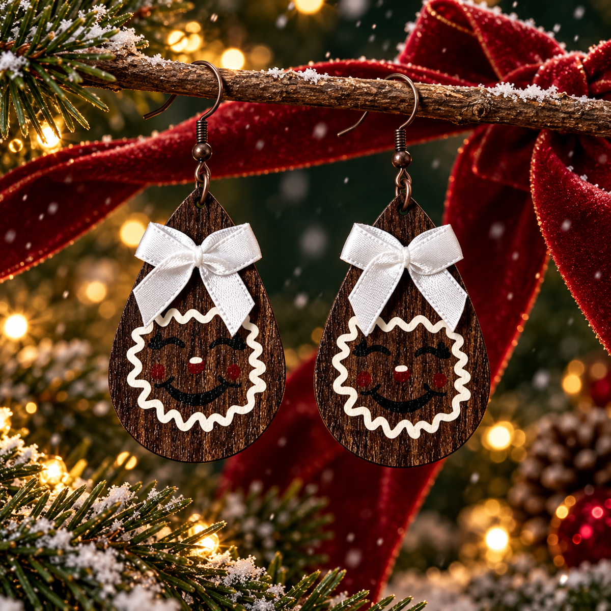Gingerbread Man Bow-shaped Wooden Earrings