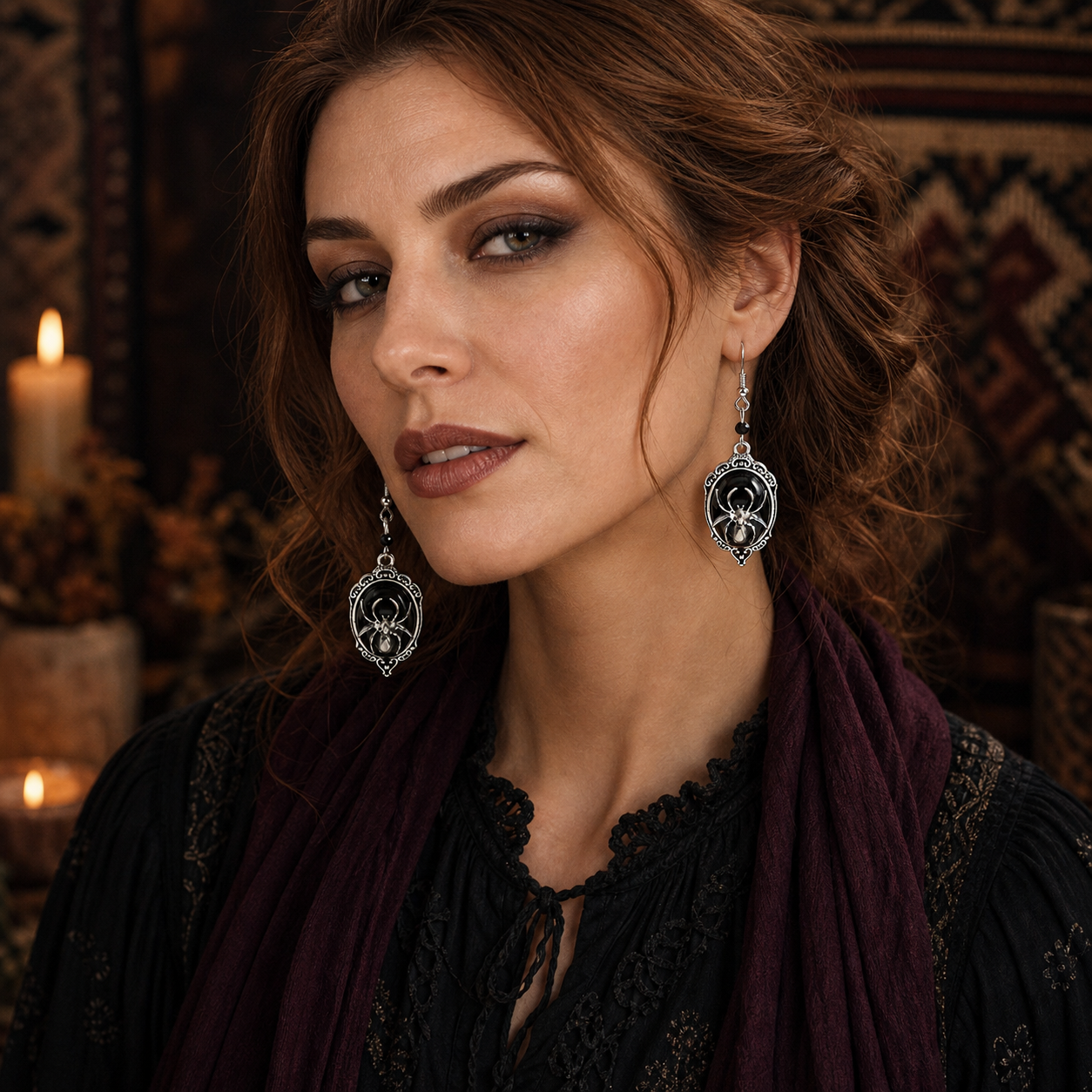 Retro Black Gemstone Spider Earrings