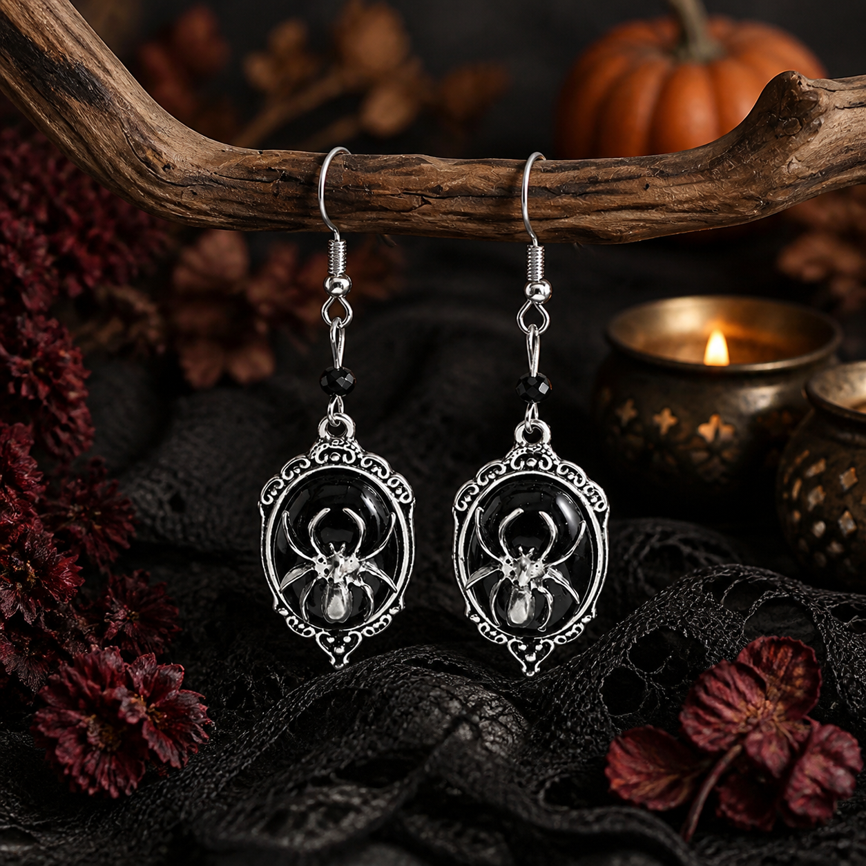 Retro Black Gemstone Spider Earrings