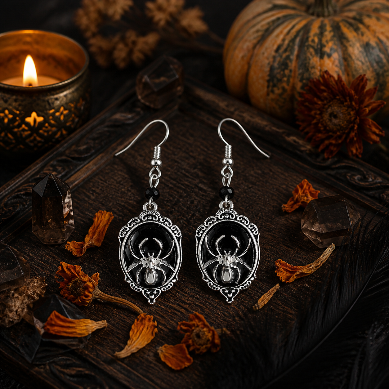 Retro Black Gemstone Spider Earrings