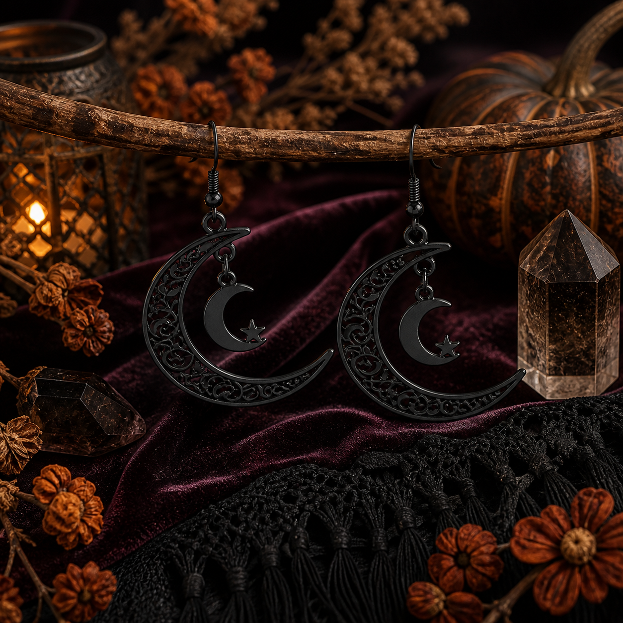 【Halloween Black Collection】 Hollow Crescent-shaped Earrings